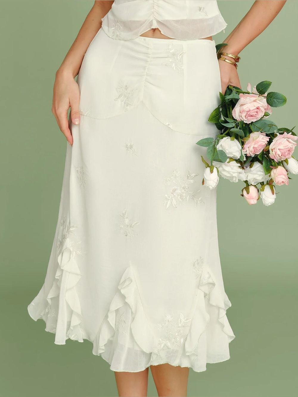 RIHOAS Cream Embroidered Ruffle-Hem Midi Skirt
